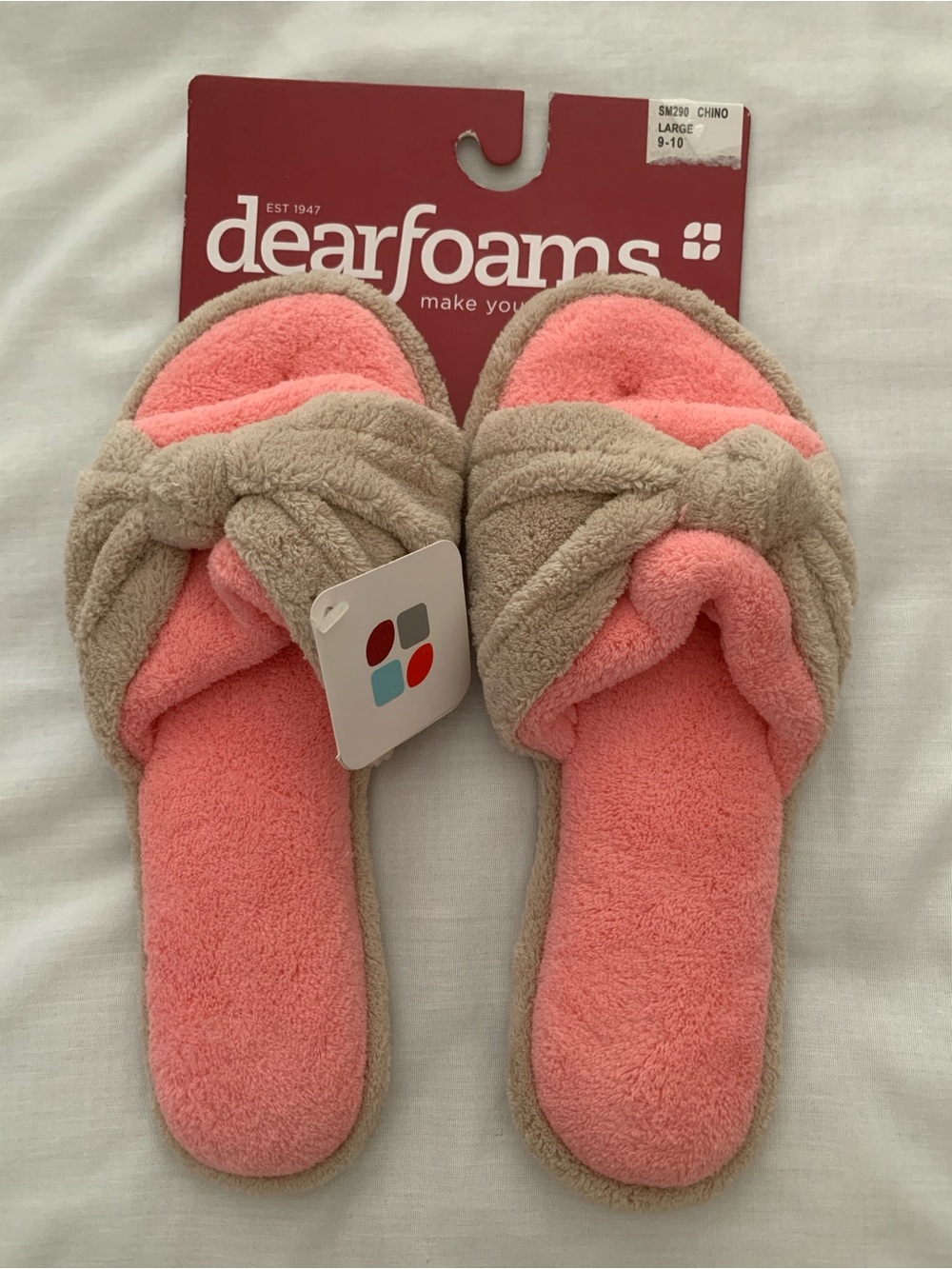 DEARFOAMS Coral & Chino Twist Bow Slide Slippers Large 9-10 NWT